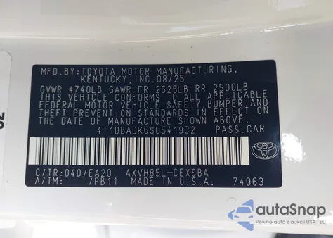 2025 Toyota Camry Se from USA, damaged, VIN 4T1DBADK6SU541932